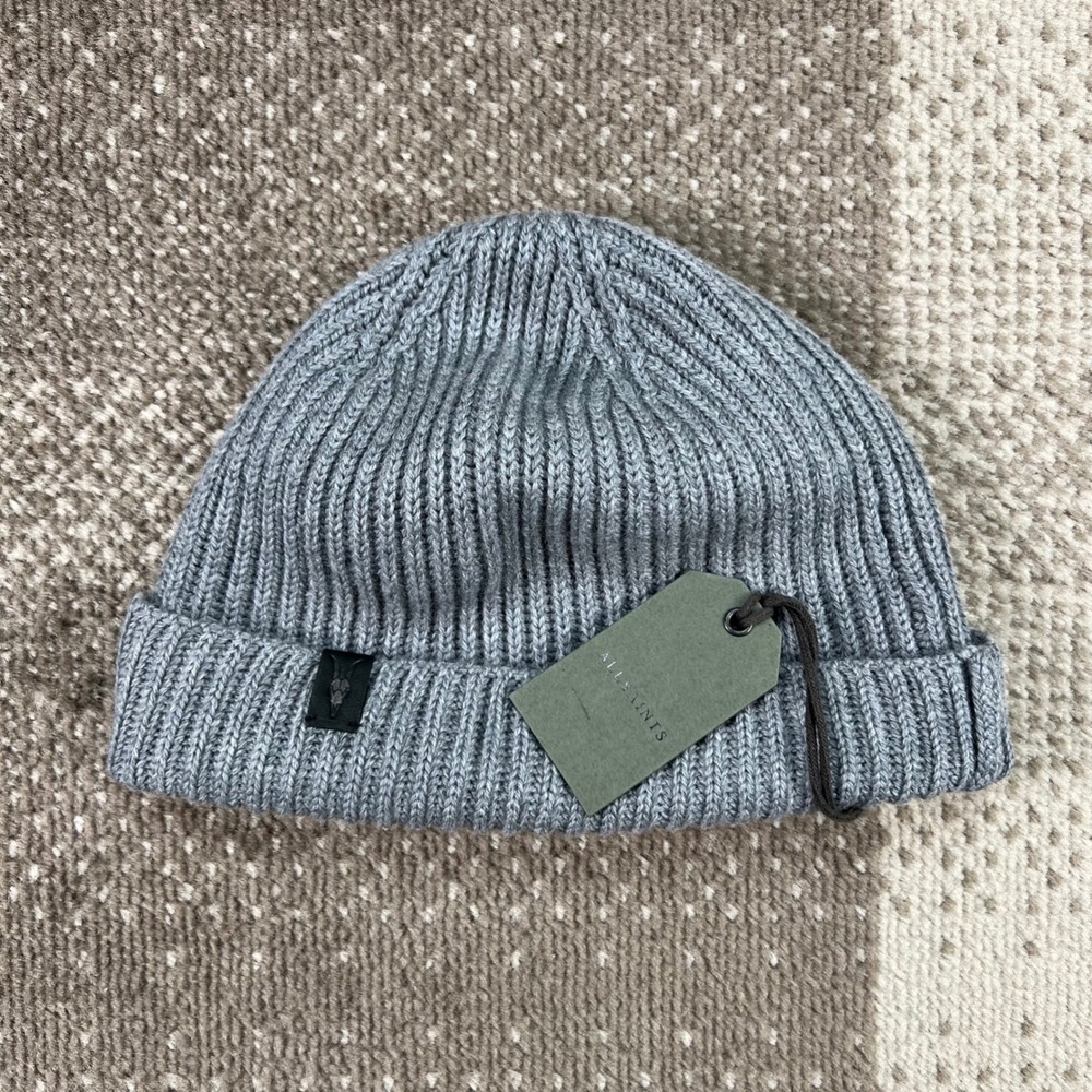 AllSaints Mens Merino Ribbed Beanie Grey Marl Wool Knit Hat AS200097-020 NWT